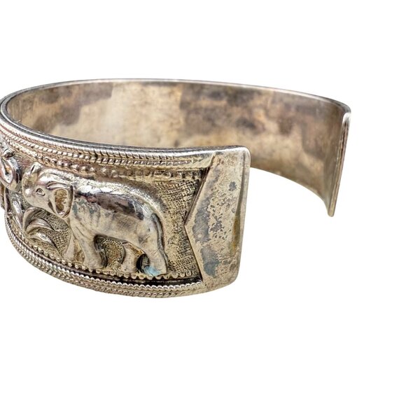 Sterling Silver Elephant Cuff Bracelet Embossed Safari Design Tribal Jewelry 925 - Picture 6 of 8